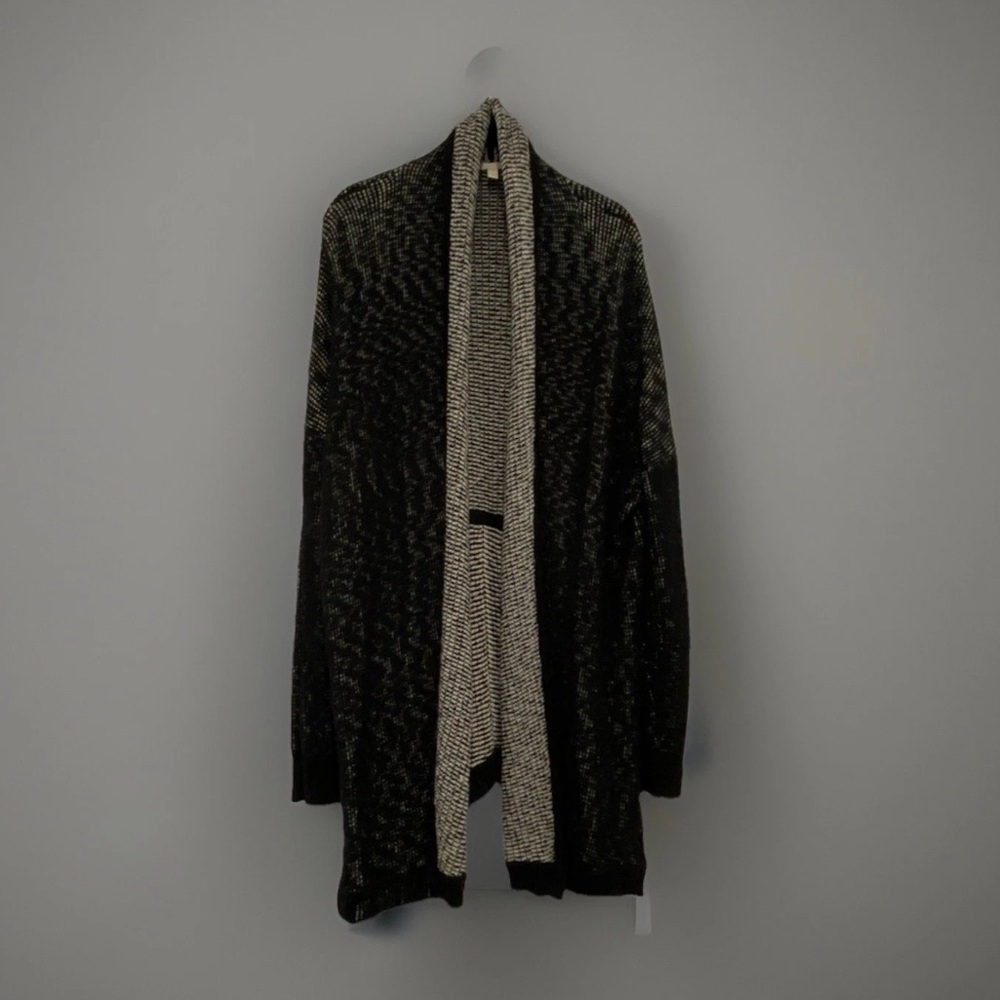 Eileen Fisher Women Open Front Cardigan Sweater XL Black Ivory Cotton Knit Drape